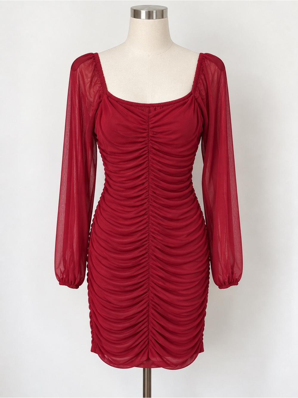 Ruched Burgundy Long-Sleeve Red Mini Dress